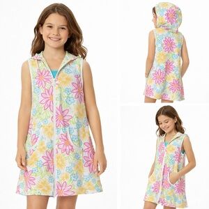 Sunny Side Up Girls Terry Cloth Floral Hooded Swim Cover Up Small Beach Pool Zip